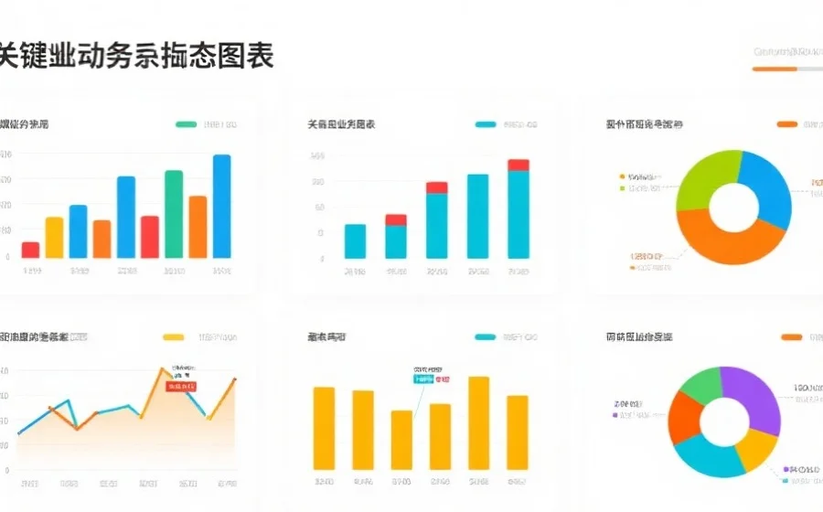 一张展示多个关键业务指标的动态图表，包含柱状图和饼图，色彩清晰，数据直观